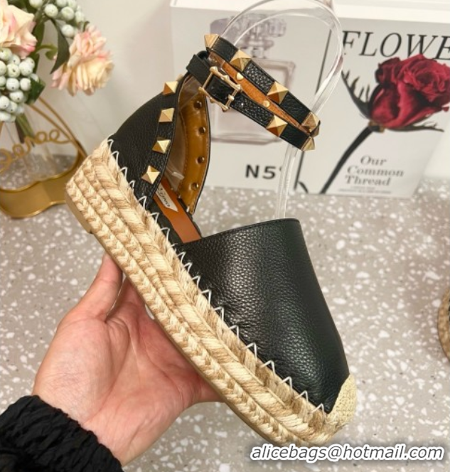 Best Price Valentino Rockstud Platform Espadrilles in Grained Calfskin with Ankle Strap Black 50426103
