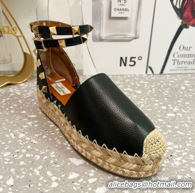 Best Price Valentino Rockstud Platform Espadrilles in Grained Calfskin with Ankle Strap Black 50426103