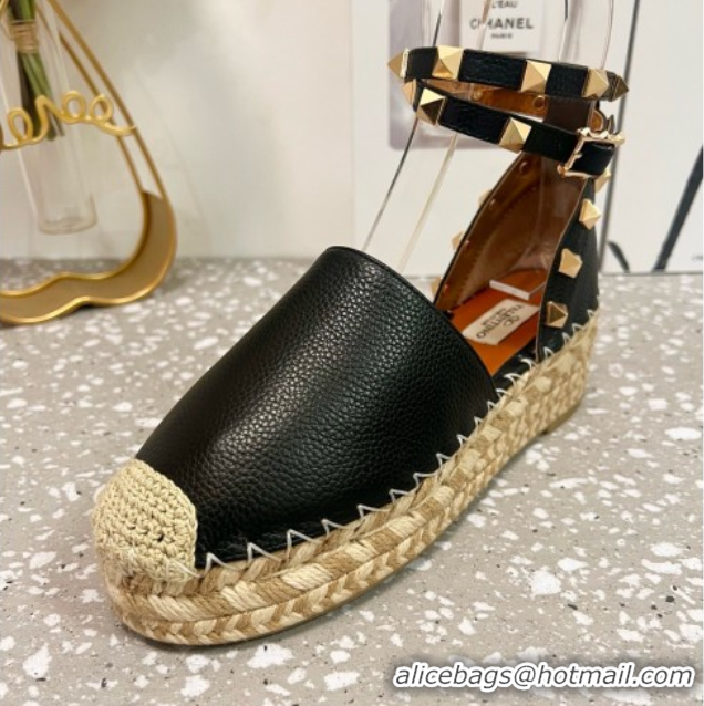 Best Price Valentino Rockstud Platform Espadrilles in Grained Calfskin with Ankle Strap Black 50426103
