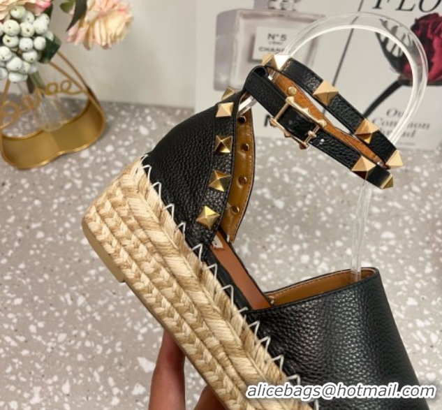 Best Price Valentino Rockstud Platform Espadrilles in Grained Calfskin with Ankle Strap Black 50426103