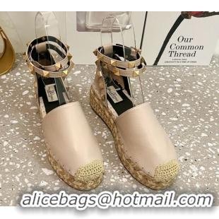 Low Price Valentino Rockstud Platform Espadrilles in Grained Calfskin with Ankle Strap Dusty Pink 50426104