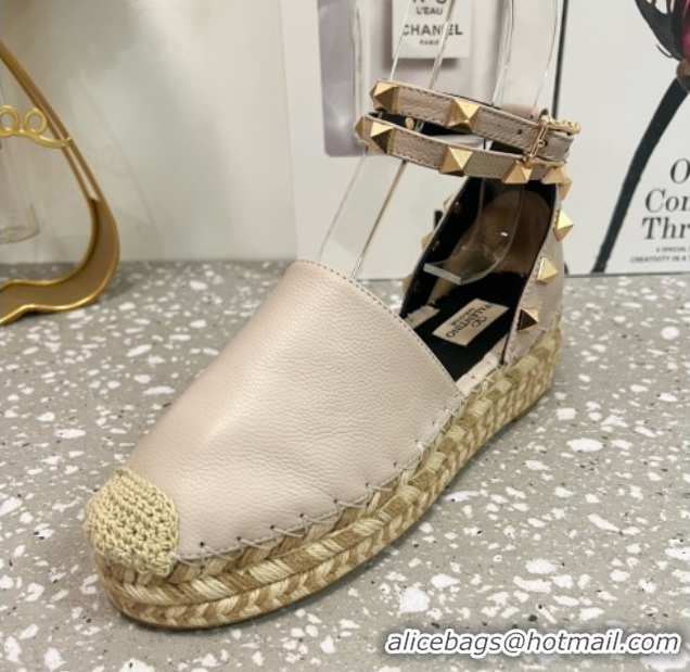 Low Price Valentino Rockstud Platform Espadrilles in Grained Calfskin with Ankle Strap Dusty Pink 50426104