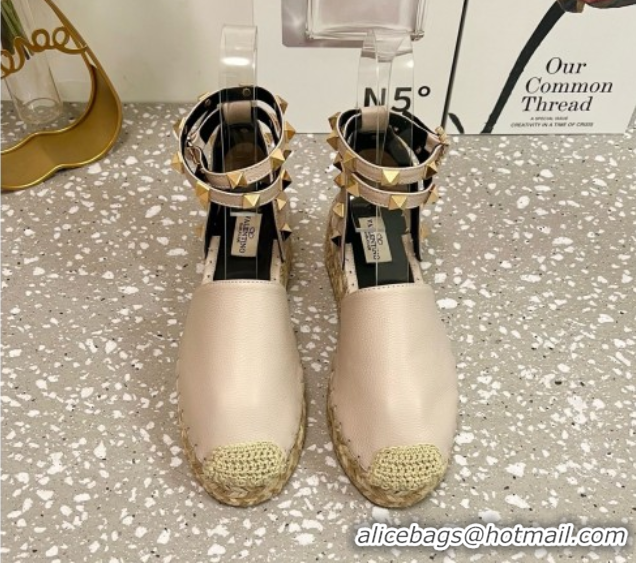 Low Price Valentino Rockstud Platform Espadrilles in Grained Calfskin with Ankle Strap Dusty Pink 50426104