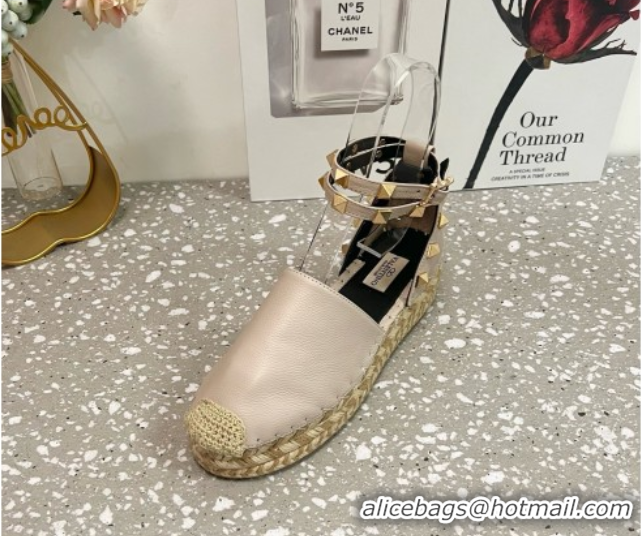 Low Price Valentino Rockstud Platform Espadrilles in Grained Calfskin with Ankle Strap Dusty Pink 50426104