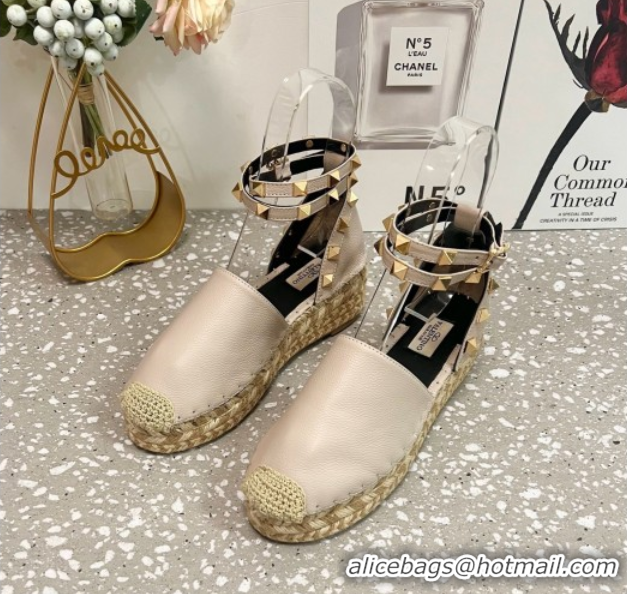Low Price Valentino Rockstud Platform Espadrilles in Grained Calfskin with Ankle Strap Dusty Pink 50426104