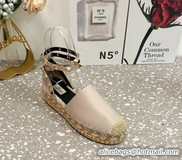 Low Price Valentino Rockstud Platform Espadrilles in Grained Calfskin with Ankle Strap Dusty Pink 50426104