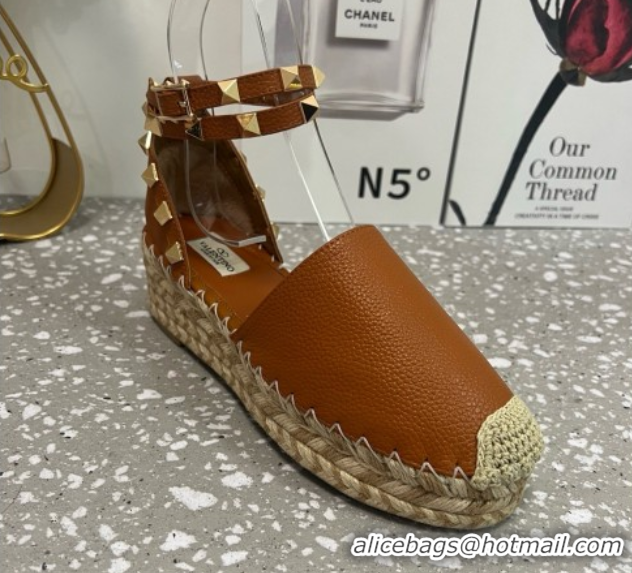 Popular Style Valentino Rockstud Platform Espadrilles in Grained Calfskin with Ankle Strap Brown 50426105