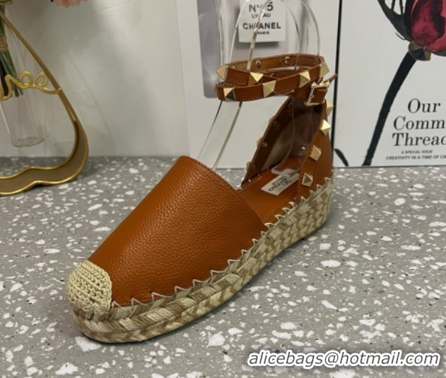 Popular Style Valentino Rockstud Platform Espadrilles in Grained Calfskin with Ankle Strap Brown 50426105