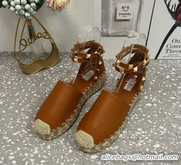 Popular Style Valentino Rockstud Platform Espadrilles in Grained Calfskin with Ankle Strap Brown 50426105