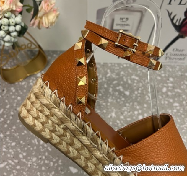 Popular Style Valentino Rockstud Platform Espadrilles in Grained Calfskin with Ankle Strap Brown 50426105