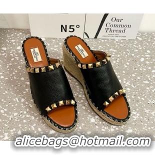 Top Design Valentino Rockstud Wedge Espadrille Slides Sandal in Grained Calfskin Black 0426107