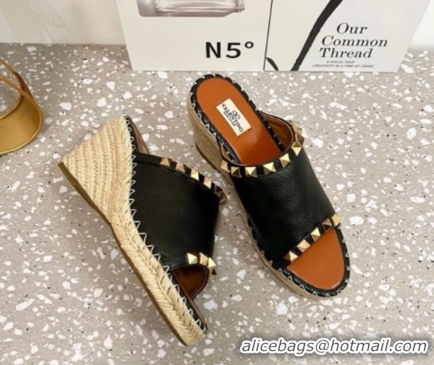 Top Design Valentino Rockstud Wedge Espadrille Slides Sandal in Grained Calfskin Black 0426107