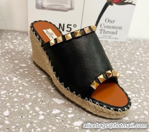 Top Design Valentino Rockstud Wedge Espadrille Slides Sandal in Grained Calfskin Black 0426107