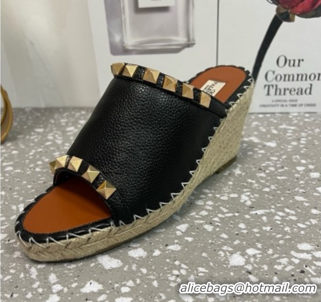 Top Design Valentino Rockstud Wedge Espadrille Slides Sandal in Grained Calfskin Black 0426107