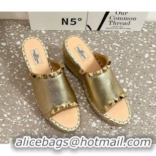 Good Product Valentino Rockstud Wedge Espadrille Slides Sandal in Grained Calfskin Gold 0426108