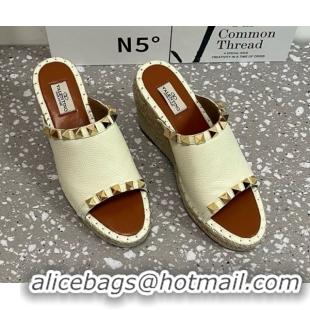 Low Cost Valentino Rockstud Wedge Espadrille Slides Sandal in Grained Calfskin White 0426109