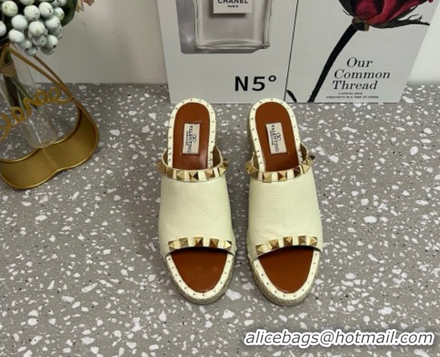 Low Cost Valentino Rockstud Wedge Espadrille Slides Sandal in Grained Calfskin White 0426109