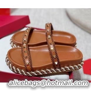 Cheapest Valentino Rockstud Flat Slides Sandal in Calfskin and Cord Brown Upper 2025 VLTN042801