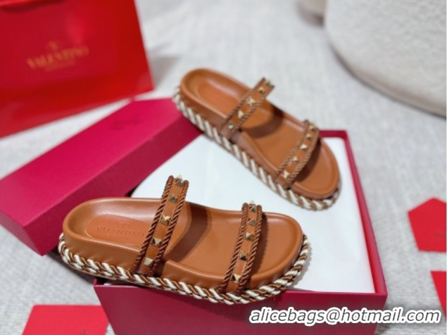 Cheapest Valentino Rockstud Flat Slides Sandal in Calfskin and Cord Brown Upper 2025 VLTN042801