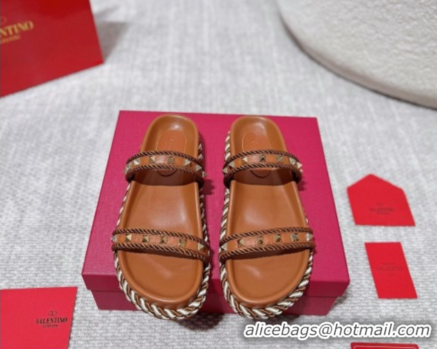 Cheapest Valentino Rockstud Flat Slides Sandal in Calfskin and Cord Brown Upper 2025 VLTN042801
