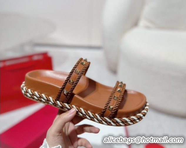 Cheapest Valentino Rockstud Flat Slides Sandal in Calfskin and Cord Brown Upper 2025 VLTN042801