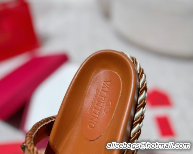 Cheapest Valentino Rockstud Flat Slides Sandal in Calfskin and Cord Brown Upper 2025 VLTN042801