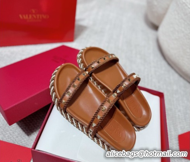 Cheapest Valentino Rockstud Flat Slides Sandal in Calfskin and Cord Brown Upper 2025 VLTN042801