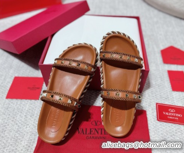 Cheapest Valentino Rockstud Flat Slides Sandal in Calfskin and Cord Brown Upper 2025 VLTN042801