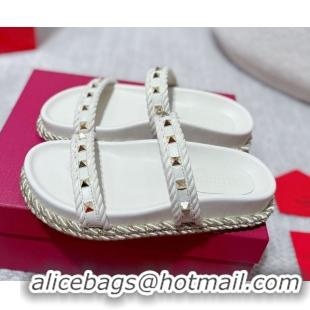Top Grade Valentino Rockstud Flat Slides Sandal in Calfskin and Cord White 2025 VLTN042801