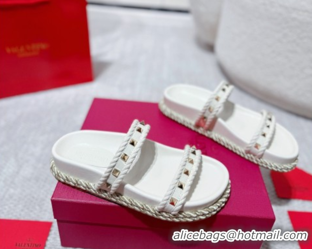 Top Grade Valentino Rockstud Flat Slides Sandal in Calfskin and Cord White 2025 VLTN042801