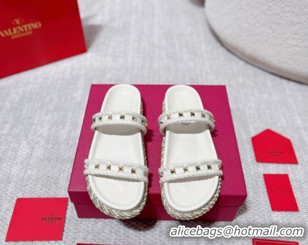 Top Grade Valentino Rockstud Flat Slides Sandal in Calfskin and Cord White 2025 VLTN042801