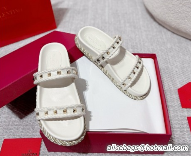 Top Grade Valentino Rockstud Flat Slides Sandal in Calfskin and Cord White 2025 VLTN042801