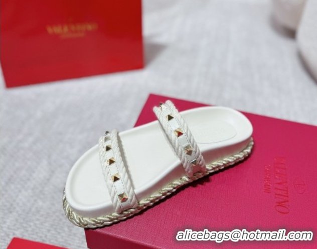 Top Grade Valentino Rockstud Flat Slides Sandal in Calfskin and Cord White 2025 VLTN042801