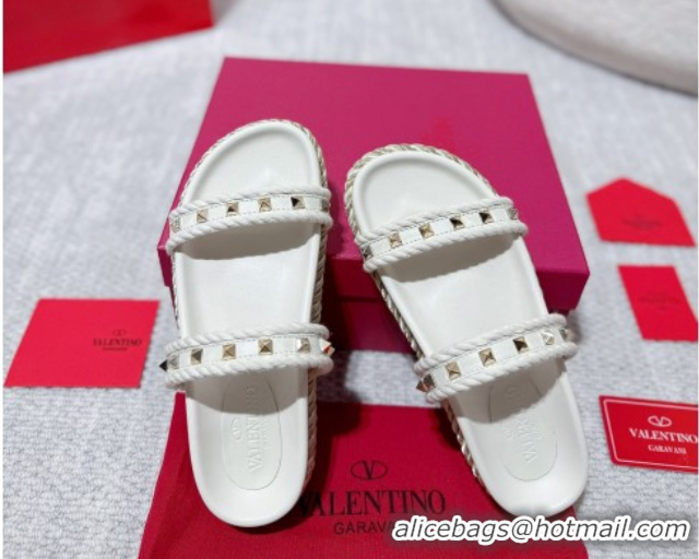 Top Grade Valentino Rockstud Flat Slides Sandal in Calfskin and Cord White 2025 VLTN042801