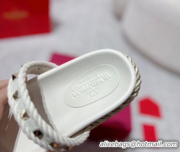 Top Grade Valentino Rockstud Flat Slides Sandal in Calfskin and Cord White 2025 VLTN042801