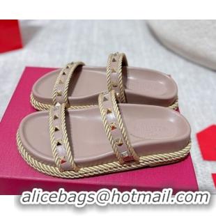 Duplicate Valentino Rockstud Flat Slides Sandal in Calfskin and Cord Dusty Pink 2025 VLTN042801