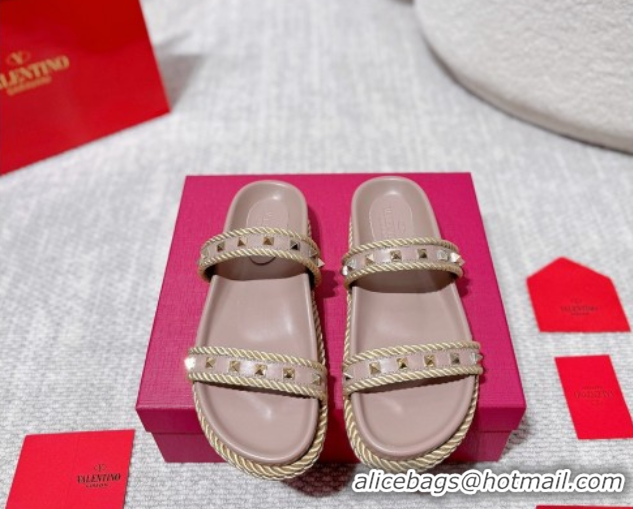 Duplicate Valentino Rockstud Flat Slides Sandal in Calfskin and Cord Dusty Pink 2025 VLTN042801