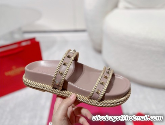 Duplicate Valentino Rockstud Flat Slides Sandal in Calfskin and Cord Dusty Pink 2025 VLTN042801