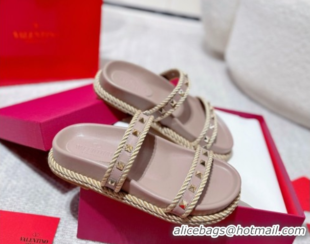 Duplicate Valentino Rockstud Flat Slides Sandal in Calfskin and Cord Dusty Pink 2025 VLTN042801