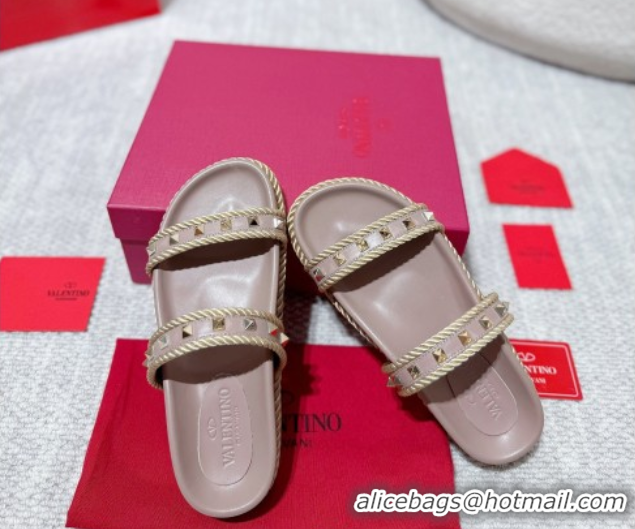 Duplicate Valentino Rockstud Flat Slides Sandal in Calfskin and Cord Dusty Pink 2025 VLTN042801