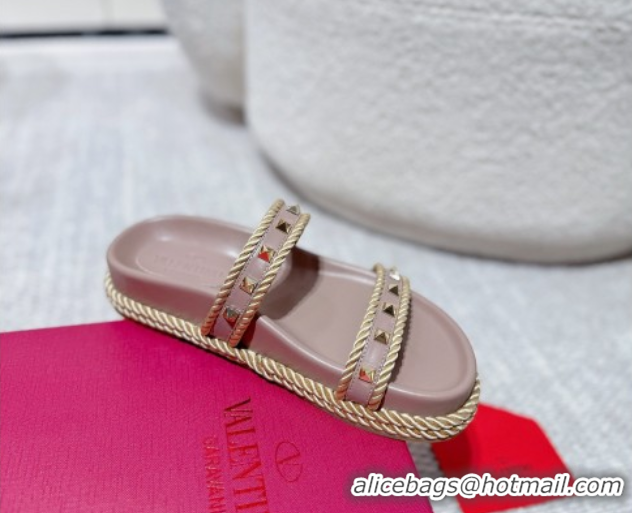Duplicate Valentino Rockstud Flat Slides Sandal in Calfskin and Cord Dusty Pink 2025 VLTN042801
