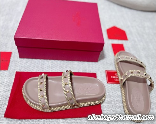 Duplicate Valentino Rockstud Flat Slides Sandal in Calfskin and Cord Dusty Pink 2025 VLTN042801
