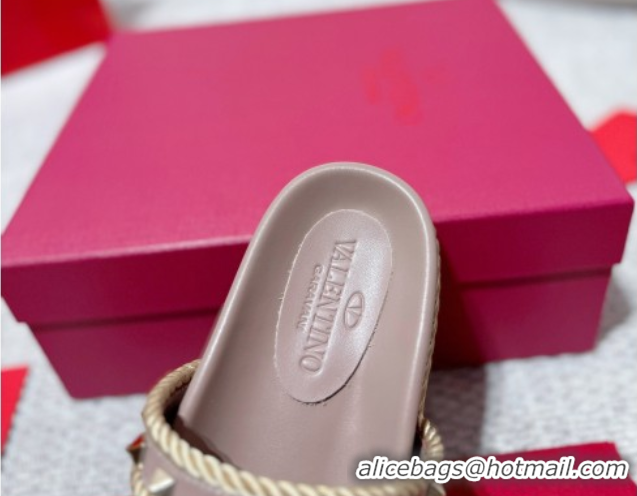 Duplicate Valentino Rockstud Flat Slides Sandal in Calfskin and Cord Dusty Pink 2025 VLTN042801