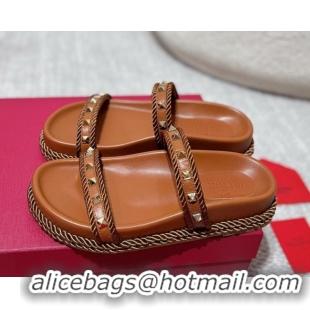 Charming Valentino Rockstud Flat Slides Sandal in Calfskin and Cord Brown2 2025 VLTN042801