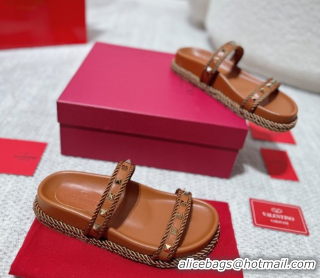 Charming Valentino Rockstud Flat Slides Sandal in Calfskin and Cord Brown2 2025 VLTN042801