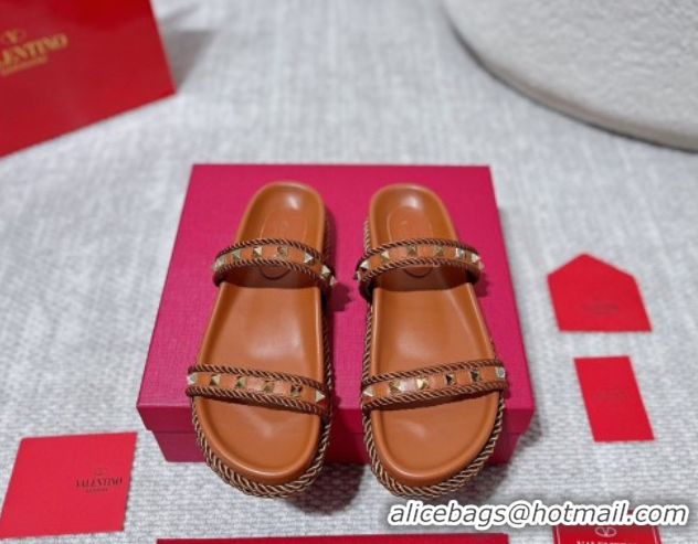 Charming Valentino Rockstud Flat Slides Sandal in Calfskin and Cord Brown2 2025 VLTN042801