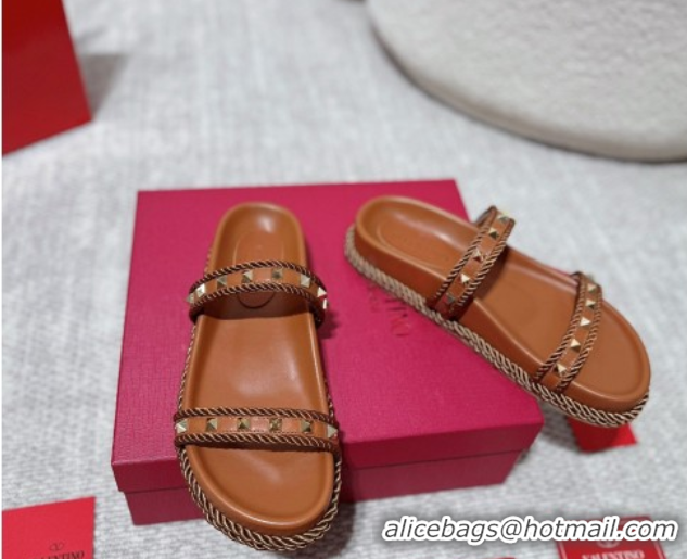 Charming Valentino Rockstud Flat Slides Sandal in Calfskin and Cord Brown2 2025 VLTN042801