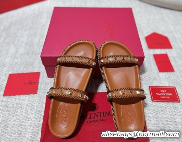 Charming Valentino Rockstud Flat Slides Sandal in Calfskin and Cord Brown2 2025 VLTN042801