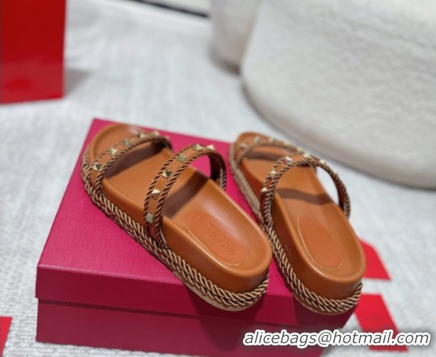 Charming Valentino Rockstud Flat Slides Sandal in Calfskin and Cord Brown2 2025 VLTN042801