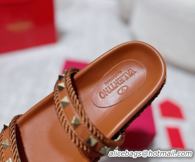 Charming Valentino Rockstud Flat Slides Sandal in Calfskin and Cord Brown2 2025 VLTN042801